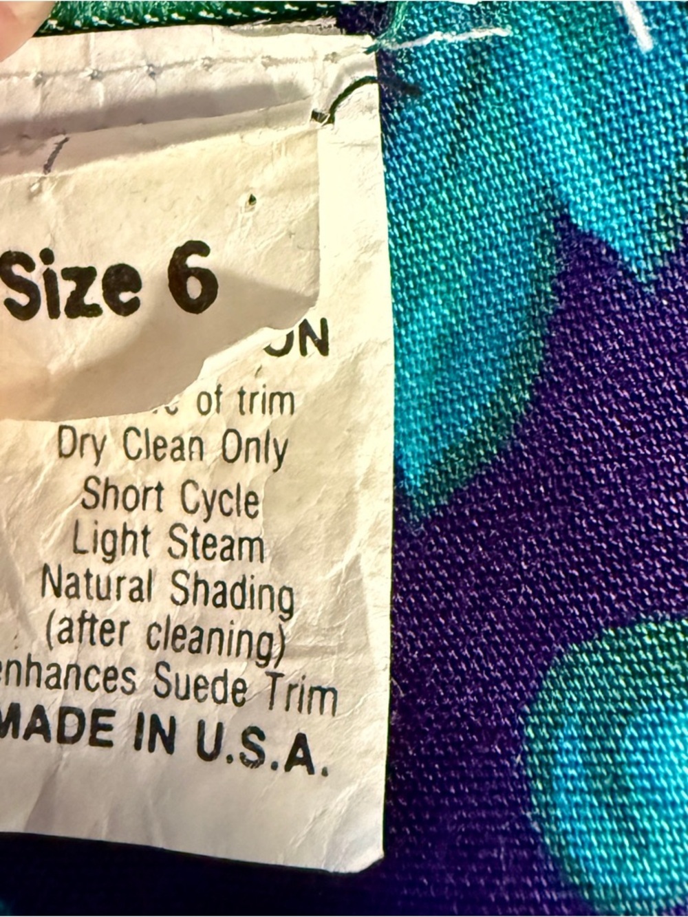 Patty O’Neil VTG 80s Purple Teal Baroque Print Rayon Dress w/ Suede Trim | Sz 6 - Picture 10 of 12